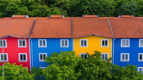 Wallpaper Mural Row of colorful houses with red, blue, yellow, and a little bit of white buildings. The roofs are terracotta colored. Lush green trees fill the Torontodigital.ca