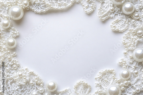 elegant white pearl and lace frame border background  for wedding or anniversary invitations
