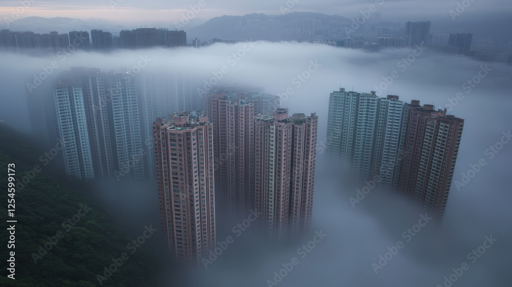 Fototapeta premium Misty Urban Landscape With High Rise Buildings