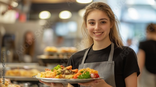 Female waitress serving food in plate smiling