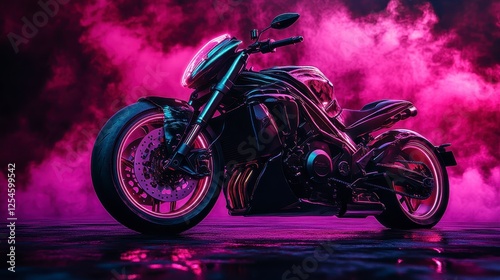Dark motorcycle in neon pink smoke, wet pavement reflection, futuristic design, illuminated wheels, vibrant lighting, dramatic atmosphere photo