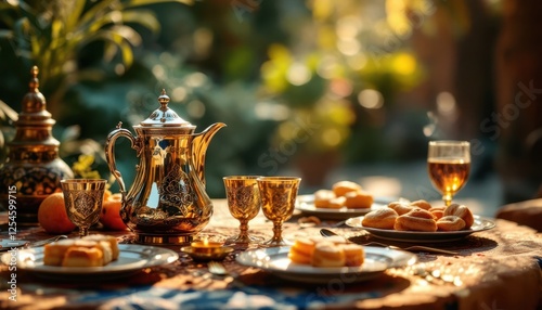 Luxurious tea set on ornate tablecloth in sunlit garden setting