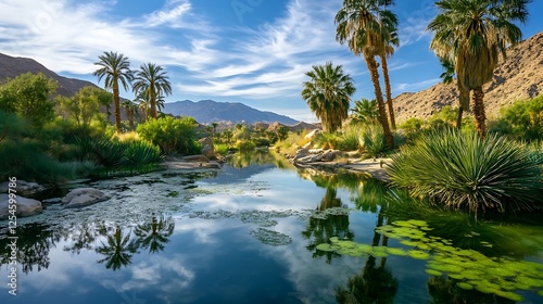 Serene Oasis: Palm Trees Mirrored in a Tranquil Desert Lake