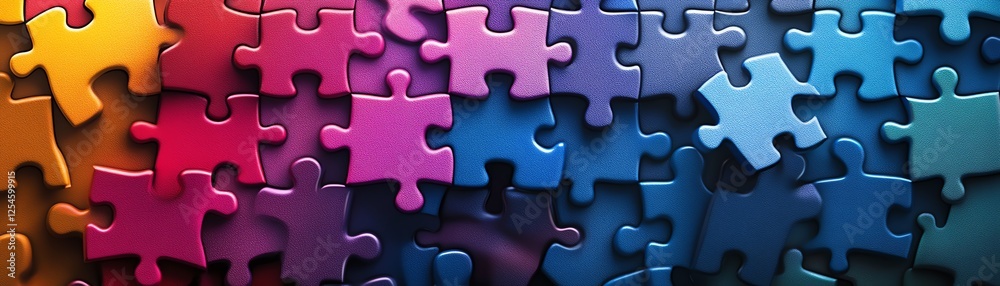 Obraz premium Colorful puzzle pieces fitting together, representing connection and collaboration, vibrant colors, digital design, unity concept