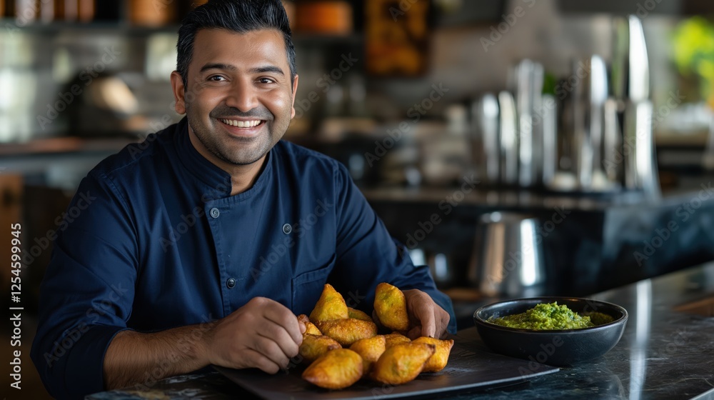 Fototapeta premium Smiling chef sitting at table in restaurant