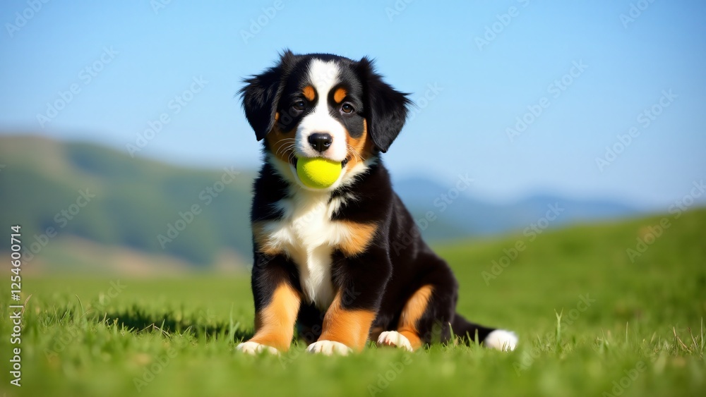 A fluffy Bernese Mountain Dog puppy sits on a grassy hill, holding a tennis ball. Its thick tricolor fur shines under a blue sky, radiating warmth, joy, and playfulness. A fluffy Bernese Mountain Dog puppy sits on a grassy hill, holding a tennis ball. Its thick tricolor fur shines under a blue sky, radiating warmth, joy, and playfulness.