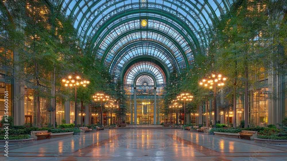 Obraz premium Elegant indoor courtyard, lush greenery, arched glass structure, lit by warm lamps, creating a tranquil atmosphere