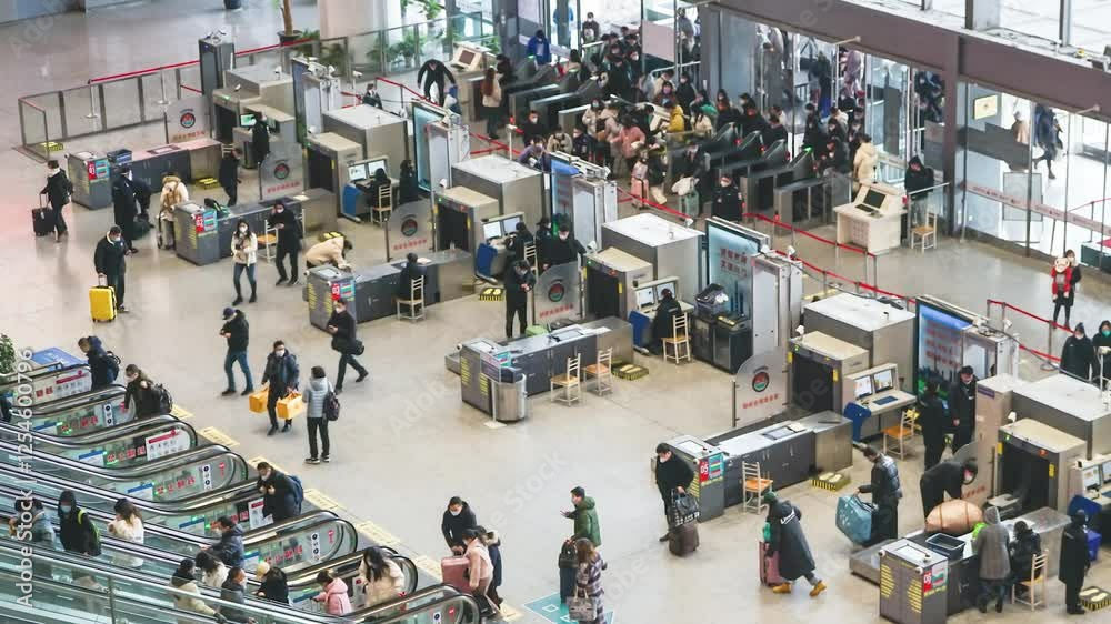 4k aerial video spring festival high speed railway station security check crowd time lapse