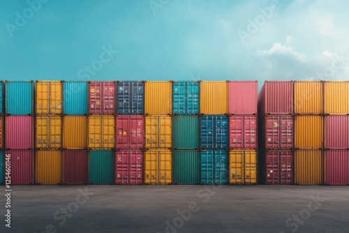 Vibrant shipping containers stacked at a cargo yard under a clear blue sky in the afternoon