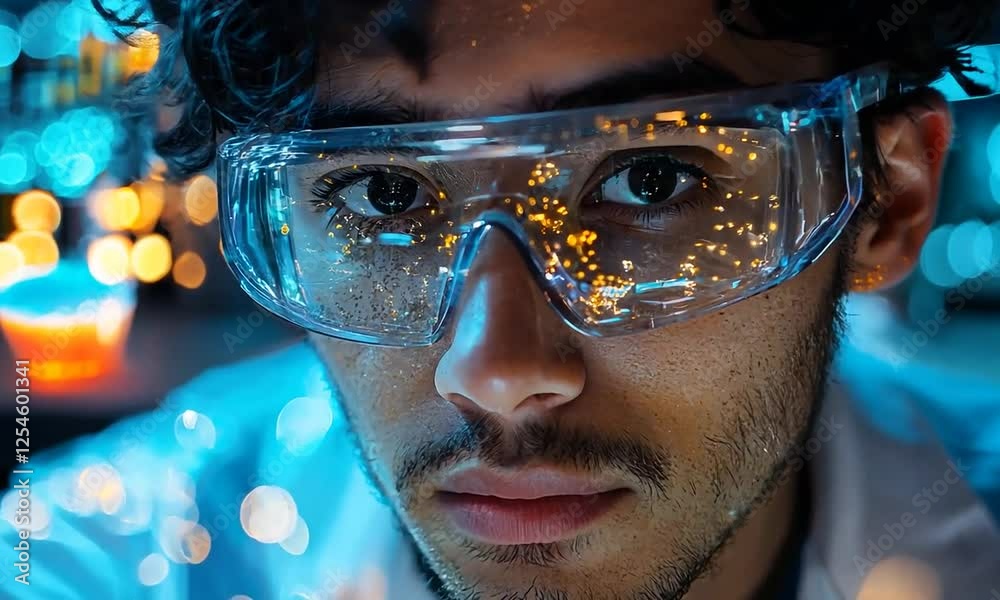 Young Scientist Crafting Eco Friendly Solutions in Glowing Biotech Lab under Holographic Mentor