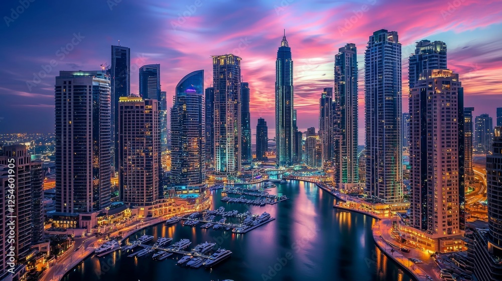 Obraz premium Vibrant City Skyline at Dusk with Colorful Reflections on Water