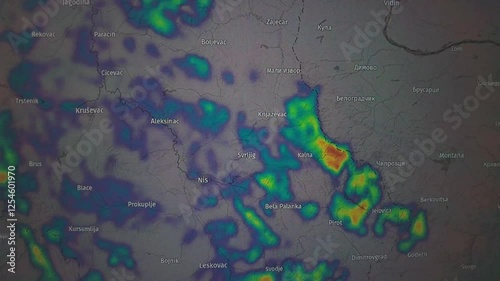 Animated weather radar map of Serbia showing rainfall intensity. Static camera view.  Various colors indicate precipitation levels. photo