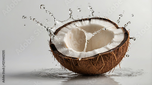 Coconut with brown shell Showing white milk inside isolated on tropical background. It is a natural, healthy and exotic drink.
 photo