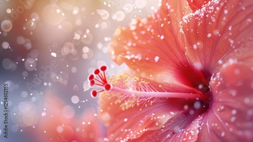 Obraz na płótnie Snowflakes glistening on the vibrant, fiery petals of a hibiscus flower. w salonie