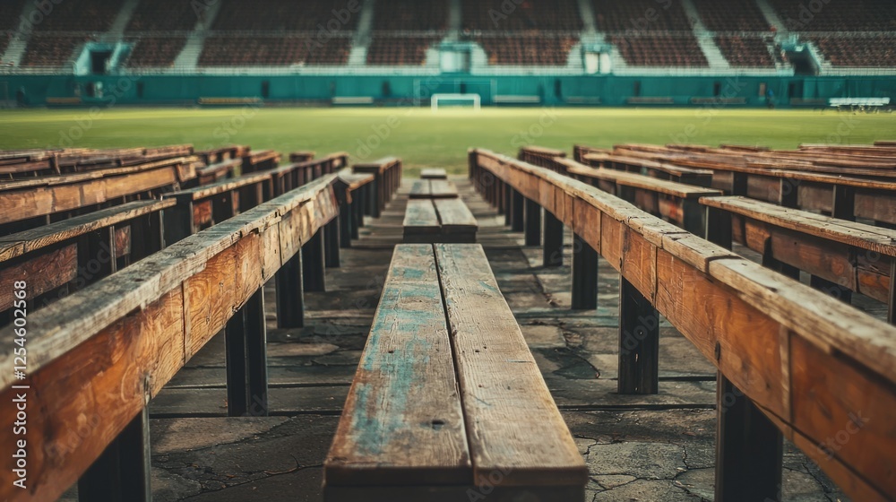 Fototapeta premium Empty Wooden Bleachers Facing a Green Soccer Field in Stadium
