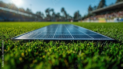 Close-up of solar panels on a vibrant green field with a stadium in the background