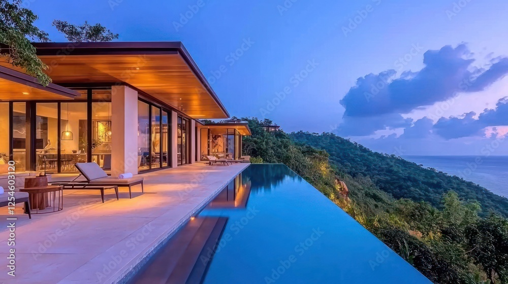 Luxury Villa With Infinity Pool And Ocean View At Sunset