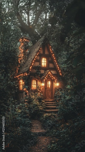 Enchanted Cottage Surrounded by Lush Greenery and Soft Lighting