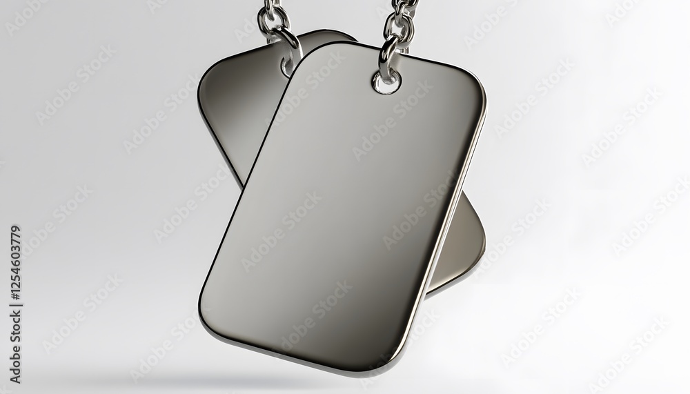 Fototapeta premium Two blank metallic dog tags hanging from a silver chain