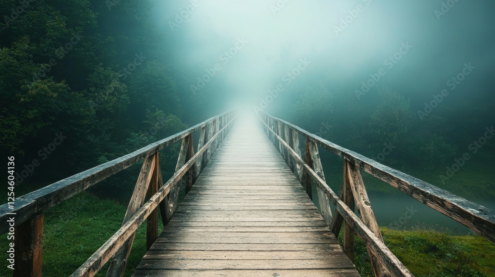Obraz premium Misty Bridge Over Calm Water Surrounded by Lush Green Forest