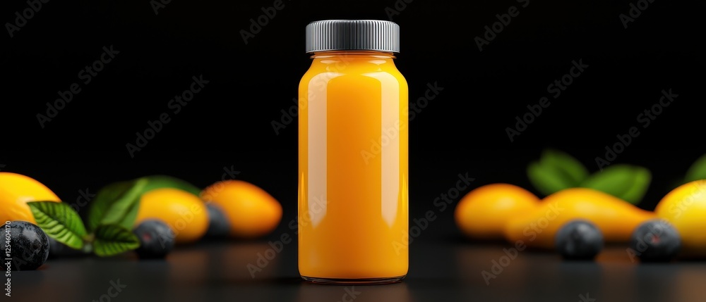 A vibrant orange juice bottle surrounded by fresh fruits on a dark background, perfect for health and wellness themes. A vibrant orange juice bottle surrounded by fresh fruits on a dark background, perfect for health and wellness themes.