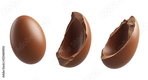 Whole chocolate egg and its parts isolated on transparent background