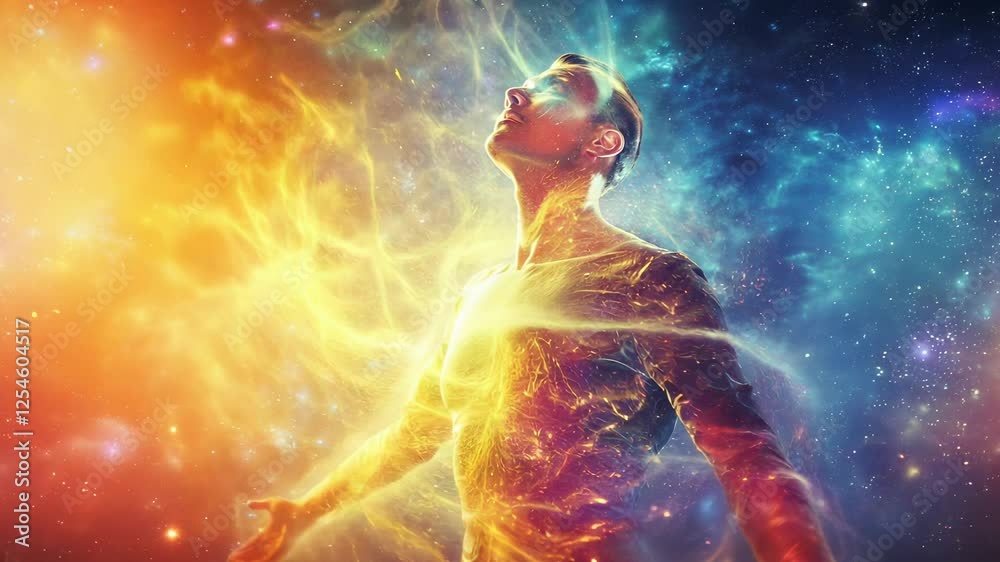 A meditative figure surrounded by vibrant cosmic energy, symbolizing transcendence and spiritual awakening. The colors of the galaxy flow around the silhouette, reflecting peace and connection