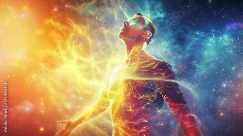 A meditative figure surrounded by vibrant cosmic energy, symbolizing transcendence and spiritual awakening. The colors of the galaxy flow around the silhouette, reflecting peace and connection