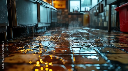 Overflowing grease trap leaking onto a filthy kitchen floor