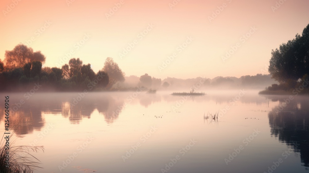 Fototapeta premium Misty Sunrise Over a Serene Lake