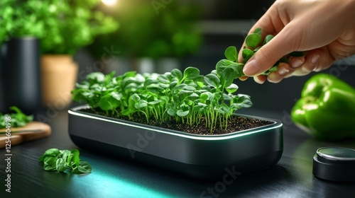 Fresh Green Microgreens Growing in a Modern Hydroponic Garden with Hand Harvesting. Generative AI photo