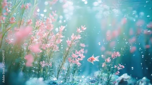 Serene underwater garden with pink flowers and a small goldfish swimming in crystal clear water