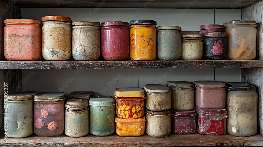 Rusty kitchen shelves covered in dust and expired food containers Rusty kitchen shelves covered in dust and expired food containers