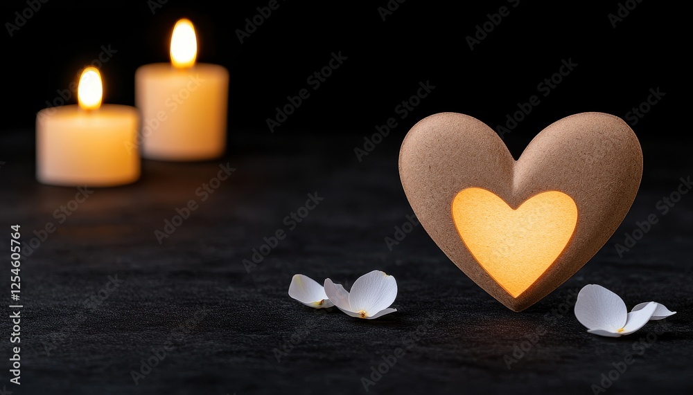 A warm heart-shaped candle holder glows softly, surrounded by petals and flickering candles for a romantic ambiance. A warm heart-shaped candle holder glows softly, surrounded by petals and flickering candles for a romantic ambiance.