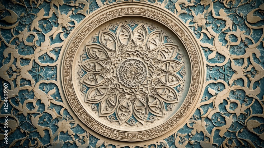 Obraz premium A classic Arabic background with intricate ornamental patterns like swirling arabesques and geometric tile designs, in a muted color scheme