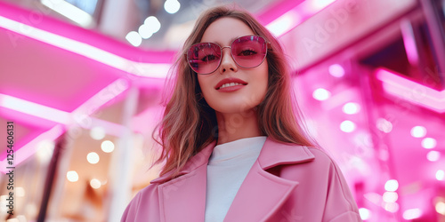 Woman in pink coat and sunglasses under neon lights. Urban fashion lifestyle