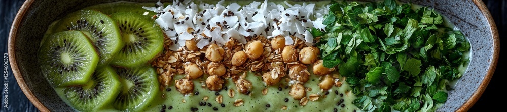 Fresh Green Smoothie Bowl with Fruit and Toppings. Generative AI Fresh Green Smoothie Bowl with Fruit and Toppings. Generative AI