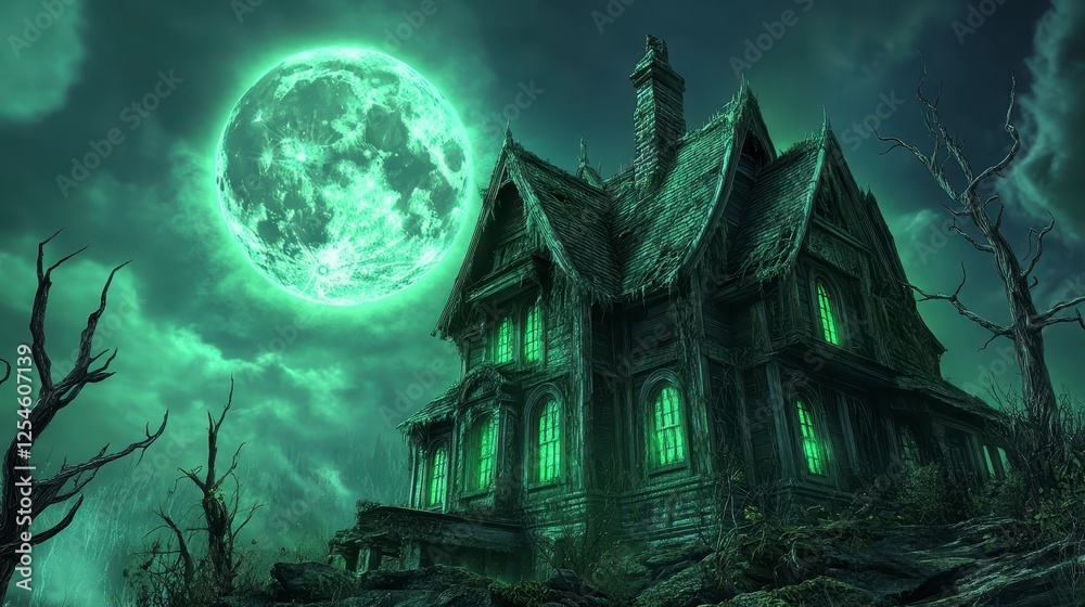 Fototapeta premium Spooky pixelated haunted house under a glowing green moon, dark trees, and cloudy night sky, eerie atmosphere, stylized digital art