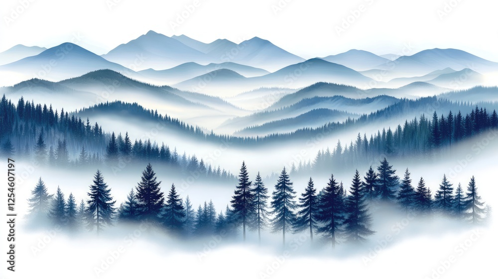 Obraz premium Mountain Valley Scene In Mist And Fog
