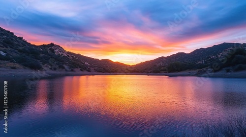 Serene lake reflecting vibrant sunset hues among distant mountains creating a tranquil scene