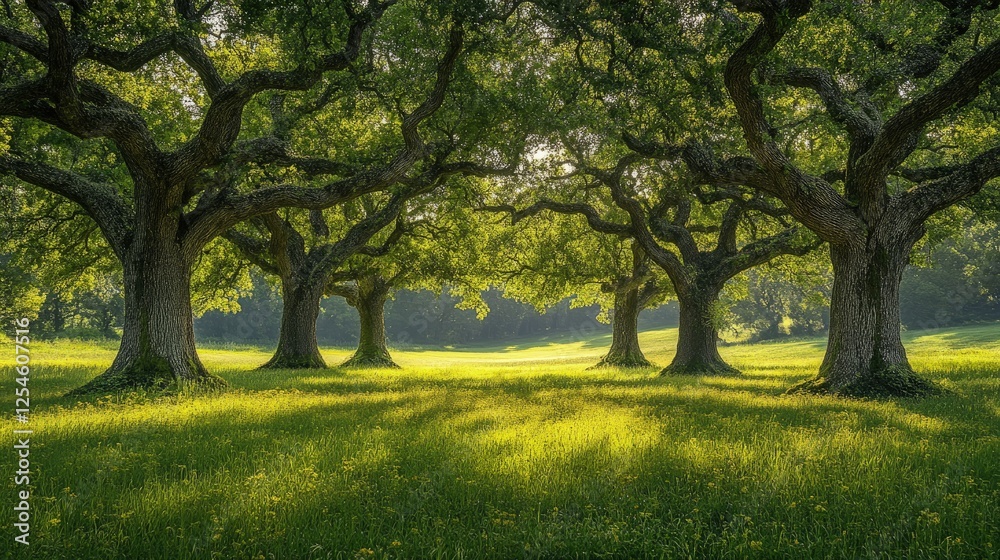 Lush green trees standing tall in a serene meadow, sunlight filtering through leaves, peaceful nature scene Lush green trees standing tall in a serene meadow, sunlight filtering through leaves, peaceful nature scene