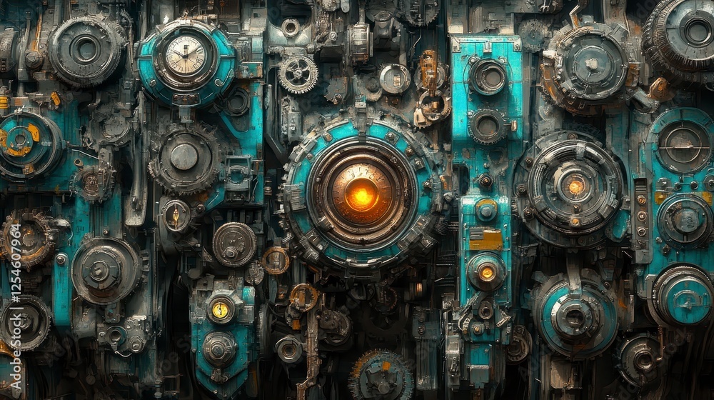 Fototapeta premium Complex machinery design, intricate gears and panels, vibrant teal and muted tones, golden highlights, detailed mechanical elements, futuristic