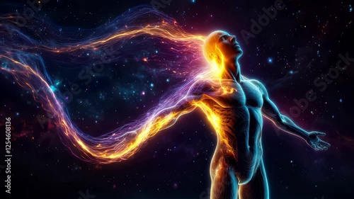A glowing figure meditates in space, surrounded by a cosmic aura of light. Stars and nebulae fill the background, creating a surreal, otherworldly atmosphere.
