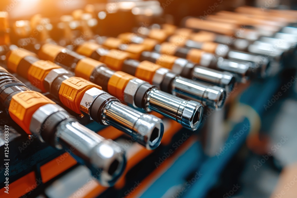 Array of Shiny Chrome and Orange Wrenches Arranged in a Row on a Blue Surface in Soft Focus