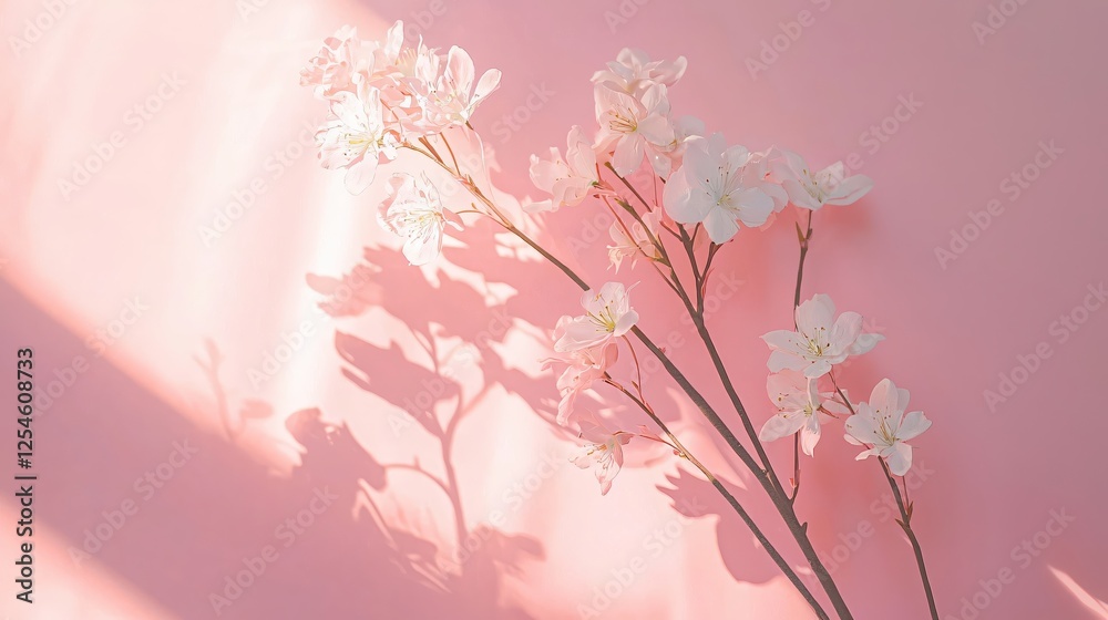 Delicate floral arrangement on pink backdrop creating a soft and dreamy aesthetic scene Delicate floral arrangement on pink backdrop creating a soft and dreamy aesthetic scene