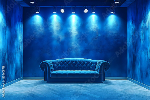 Blue Velvet Sofa Stage Lighting Dramatic Moody Interior Design Room Setup Elegant Deep Blue Couch Theater Backdrop Professional Photography Studio art dark home