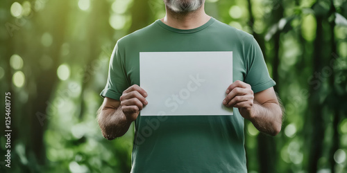 Man in green tshirt holding white blank paper in forest. Environmental campaign and activism advertising photo