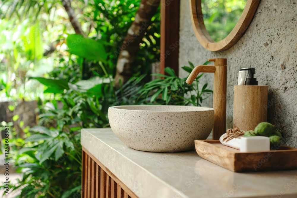 Rustic sink in serene tropical bathroom near foliage, with mirror; spa, relax Rustic sink in serene tropical bathroom near foliage, with mirror; spa, relax
