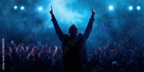 Singer with raised hands performing on stage with crowd. Concert and music events advertising