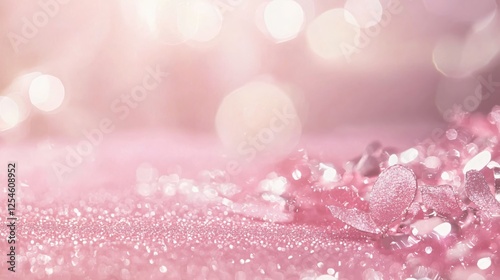 Shimmering pink glitter background with bokeh lights and decorative butterflies for festive mood